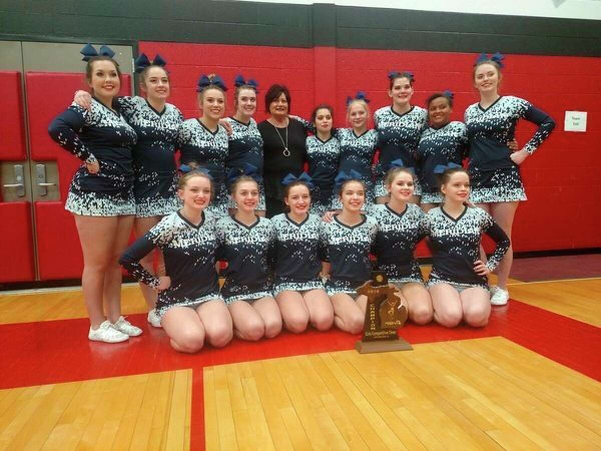 The Meridian competitive cheer team won the program's first district championship in 18 years on Saturday. Pictured are (front row, from left) Libby Wildfong, Jacqueline Posten, Jade McRoberts, Summer Storms, Tana Spangler, Tirzah Dowd; (middle row, from left) Becky O'Dell, Dalaynie O'Hare, Lexi North; (back row, from left) Katie Blanchard, McKenna Burns, Aubrey Erskine, coach Val McKenzie, Liz Melchi, Olivia Wiggins, Reese Wallace. (Photo courtesy of Val McKenzie)  