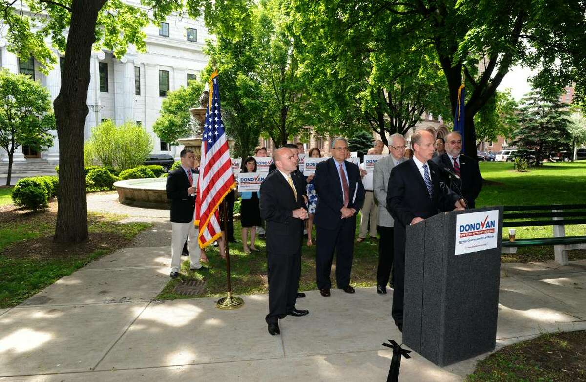 Dan Donovan, the Staten Island district attorney, announced his intention of running for state attorney general at a news conference Monday in Academy Park in Albany, New York May 17, 2010. Skip Dickstein / Times Union)