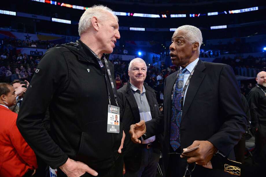 los angeles, ca - february 18: bill walton (l) and julius erving