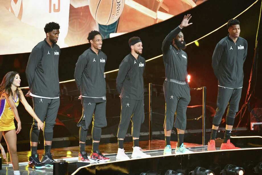 Team Stephen, with Joel Embiid, left, DeMar Derozan, Stephen Curry, James Harden and Giannis Antetokounmpo as its starters, fell 148-145 to Team LeBron in the NBA All-Star Game on Sunday.﻿ Photo: Allen Berezovsky, Stringer / 2018 Getty Images