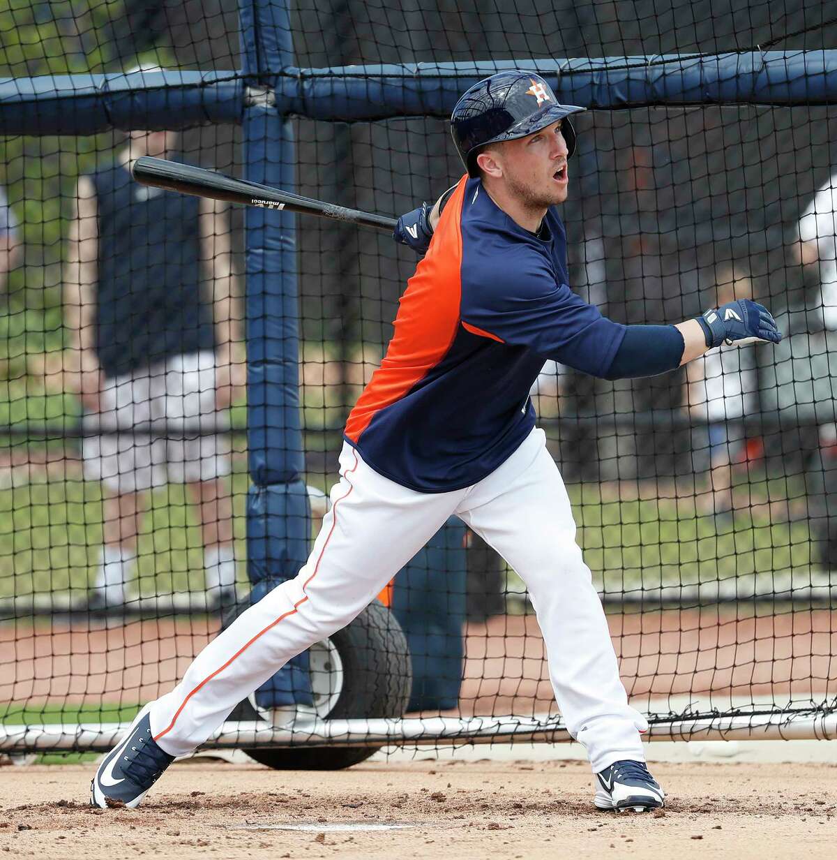 Houston Astros third baseman Alex Bregman (2) bats during live batting practice, as full squad workouts began during spring training day at The Ballpark of the Palm Beaches, Monday, Feb. 19, 2018, in West Palm Beach .