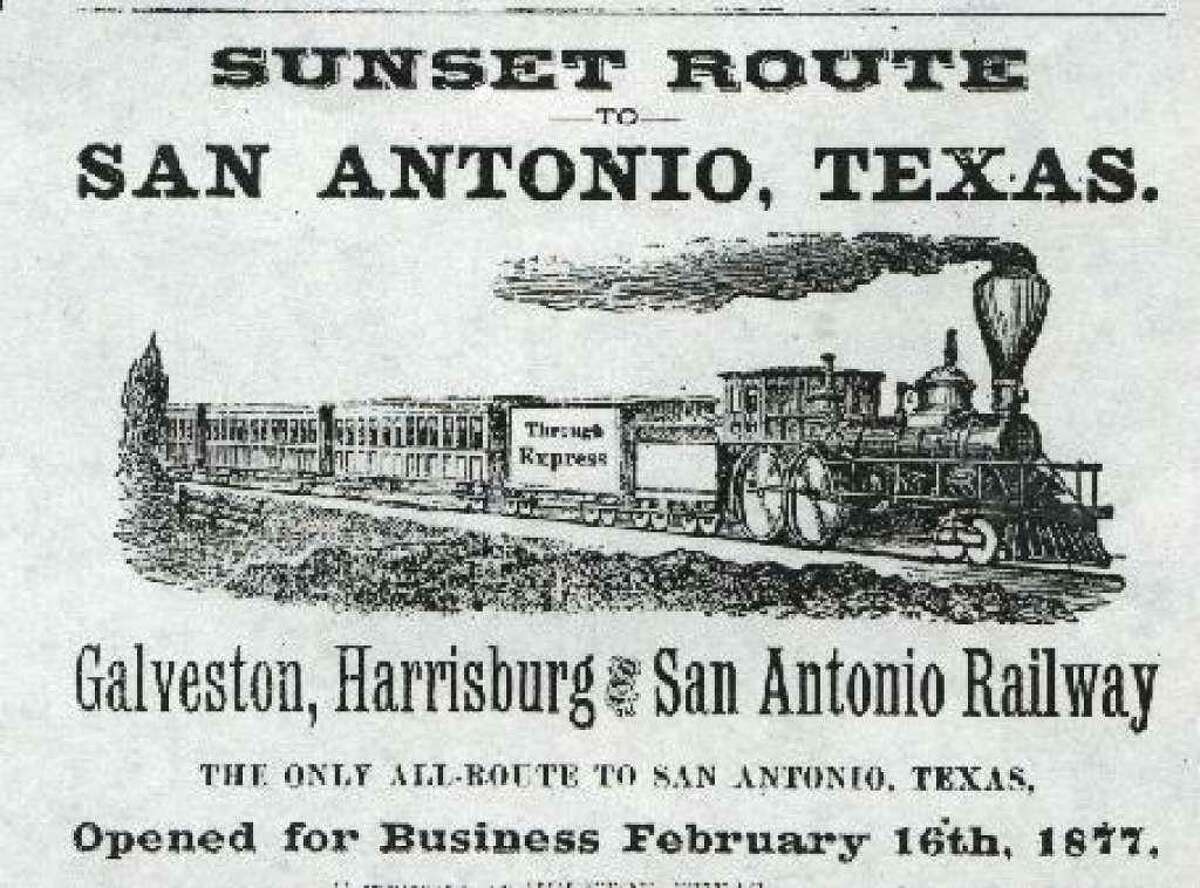 A newspaper advertisement for the Galveston, Harrisburg and San Antonio Railroad from 1877. It was the first railroad to bring rail service to San Antonio.