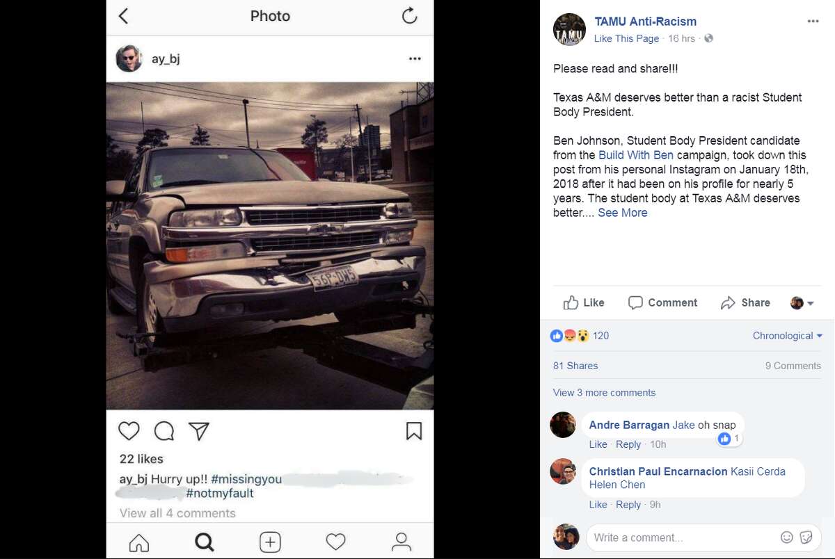 FILE - A screenshot of a Facebook post from the TAMU Anti-Racism group on Feb. 19, 2018. The group accuses Texas A&M student body presidential candidate Ben Johnson of racism following the discovery of a 5-year-old Instagram post that disparages Asian drivers.