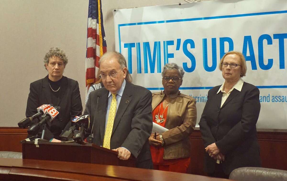Senate President Pro Tempore Martin Looney D-New Haven introduced the Time's Up Act, a legislative package that revises sexual assault and sexual harassment laws, with other Senate Democrats in a news conference at the Capitol Tuesday morning. Senators Beth Bye D-West Hartford (left), Senator Marilyn Moore D-Bridgeport (right) and Senator Terry Gerratana D-New Britain (far right) answered questions about the act with Looney.