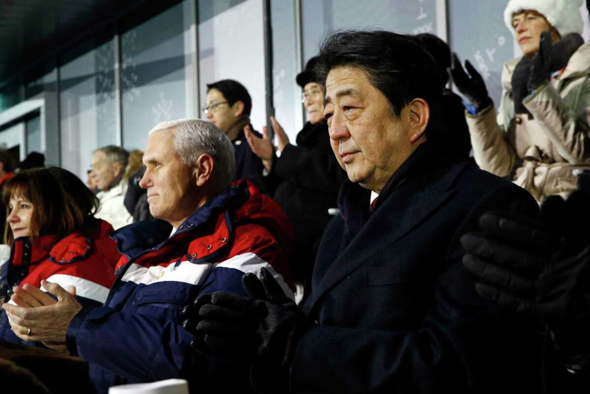FILE - In this Feb. 9, 2018, file photo, Japanese Prime Minister Shinzo Abe, right, sits alongside Vice President Mike Pence, center, and second lady Karen Pence at the opening ceremony of the 2018 Winter Olympics in Pyeongchang, South Korea, Friday, Feb. 9, 2018. Pence was all set to hold a history-making meeting with North Korean officials during the Winter Olympics in South Korea, but Kim Jong Un's government canceled at the last minute, the Trump administration said Tuesday, Feb. 20. (AP Photo/Patrick Semansky, Pool)