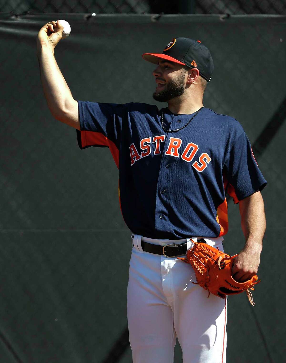 Houston Astros RHP pitcher Lance McCullers Jr. (43) makes adjustments between pitches in his bullpen session during spring training at The Ballpark of the Palm Beaches, Saturday, Feb. 17, 2018, in West Palm Beach ( Karen Warren / Houston Chronicle )