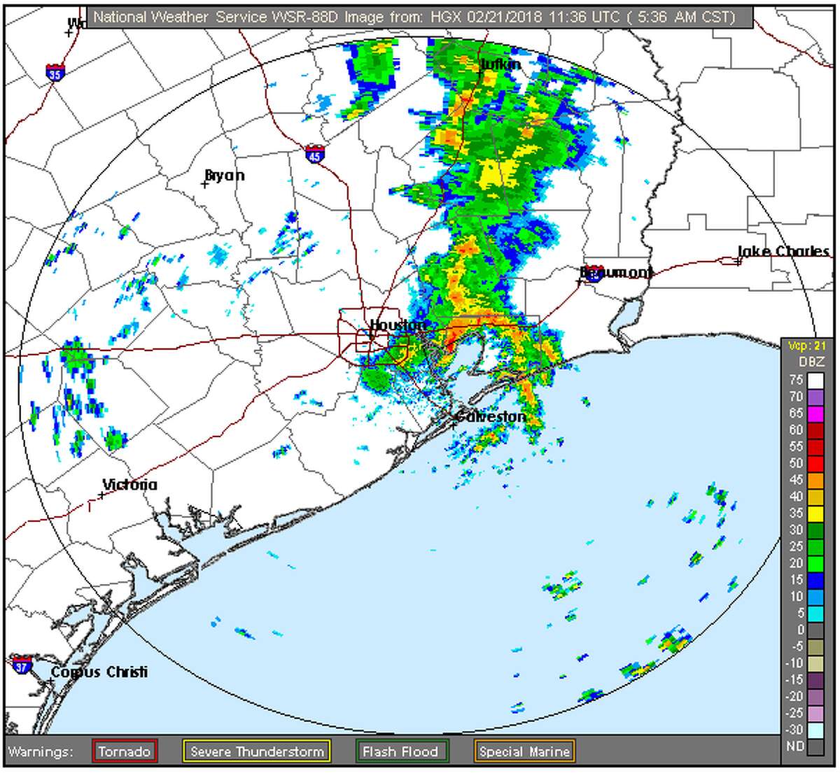Much of the Houston area will see showers and thunderstorms throughout the morning, Tuesday Feb. 21, 2018.