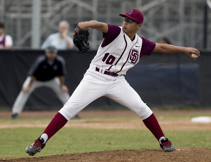 Jesus Luzardo (9) of Marjory Stoneman Douglas High School in Parkland,  Florida poses for a photo before the Under Armour All-American Game on  August 15, 2015 at Wrigley Field in Chicago, Illinois. (