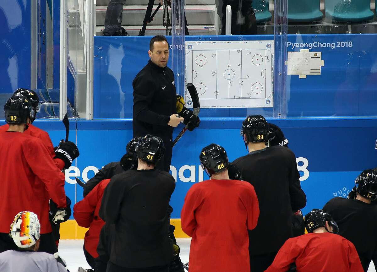 PYEONGCHANG-GUN, SOUTH KOREA - FEBRUARY 09: Head coach Marco Sturm of the Men's German Ice Hockey Team conducts practice ahead of the PyeongChang 2018 Winter Olympic Games at the Gangneum Hockey Centre on February 9, 2018 in Pyeongchang-gun, South Korea. (Photo by Bruce Bennett/Getty Images)