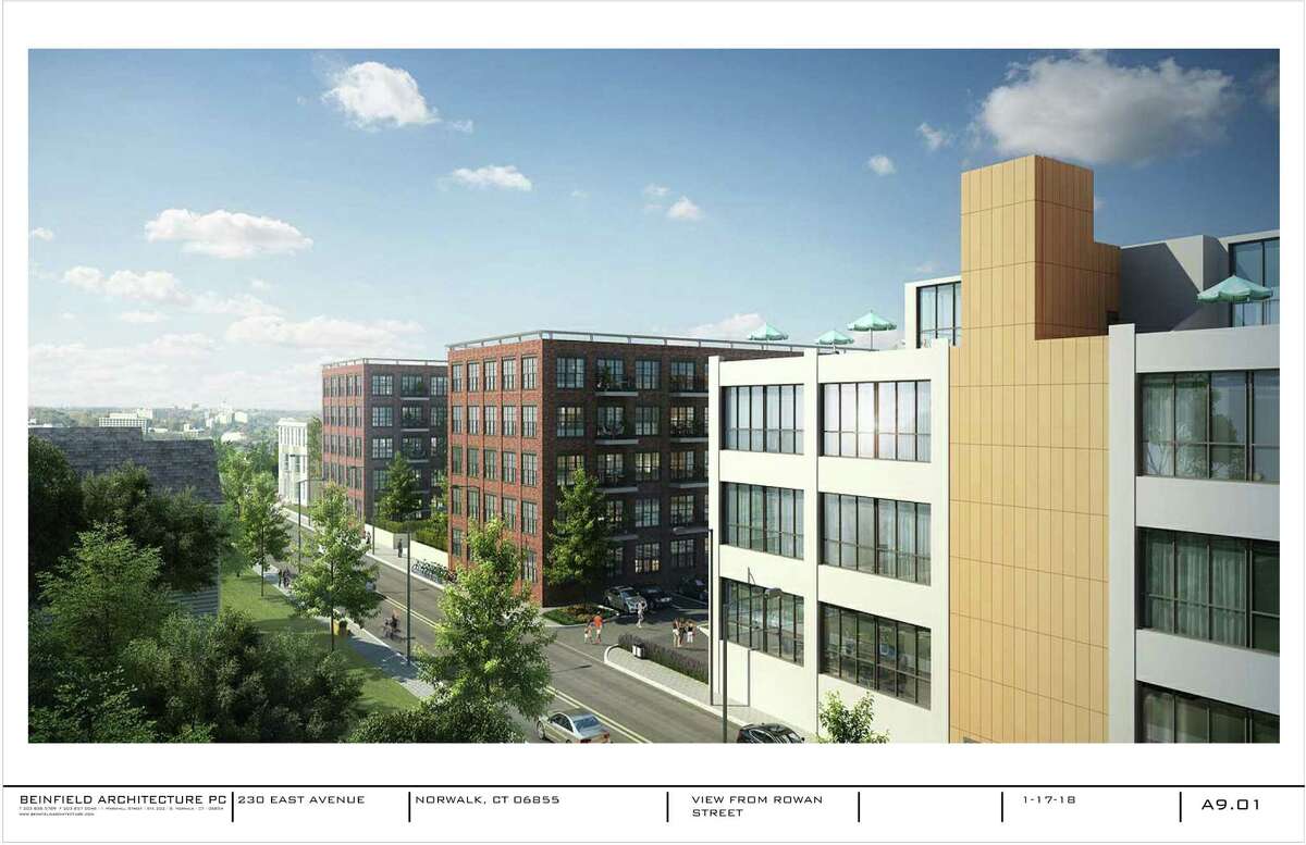 Initial renderings, which will be refined over upcoming weeks, show the proposed development at 230 East Ave. The development is requesting amendments to zoning regulations for the East Norwalk parcels that would mirror the regulations in the South Norwalk Transit-Oriented District.