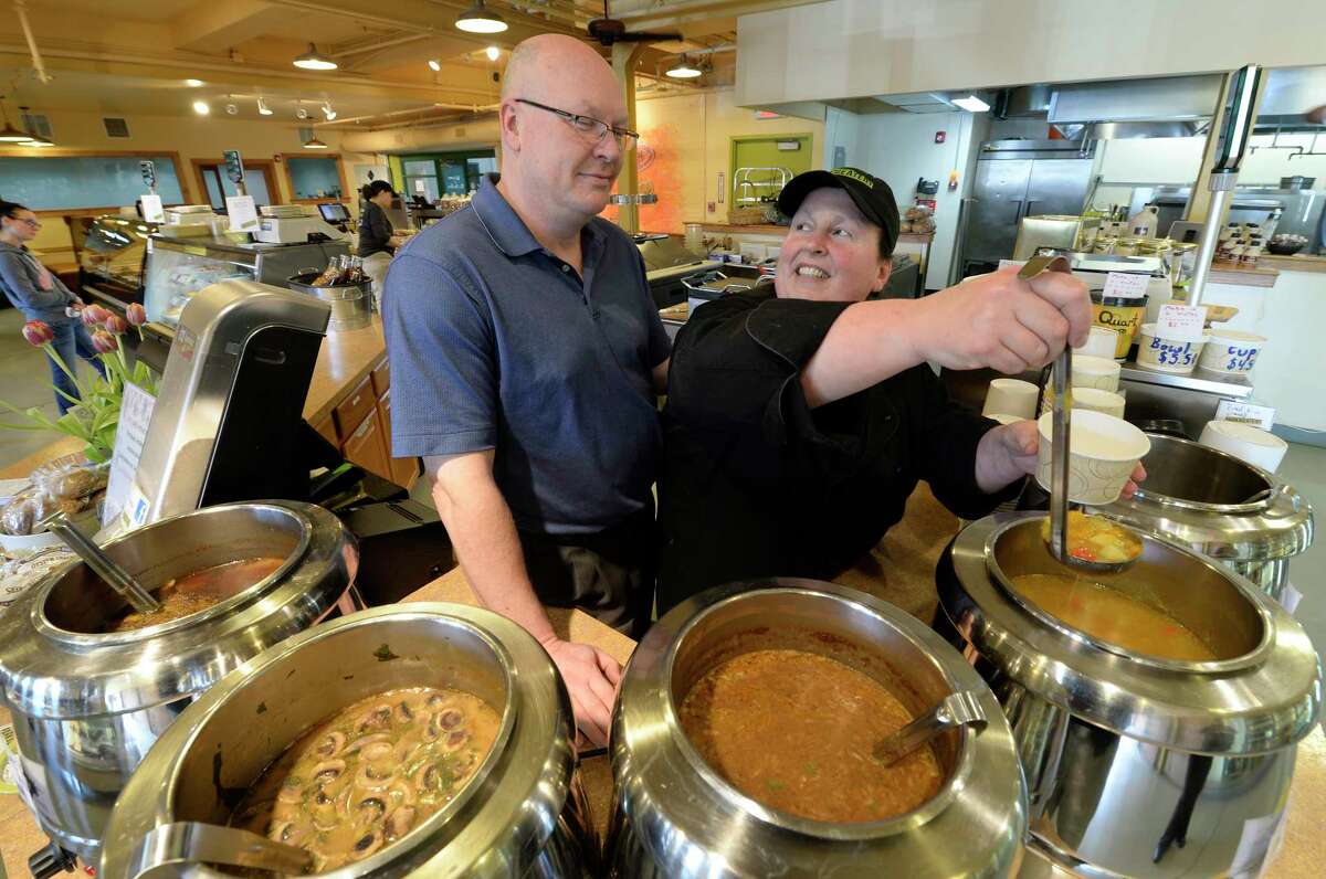 Michael and Heidi Hoyt dish out some soup at the Park Side Eatery April 18, 2014 in Saratoga Springs, N.Y. (Skip Dickstein / Times Union)