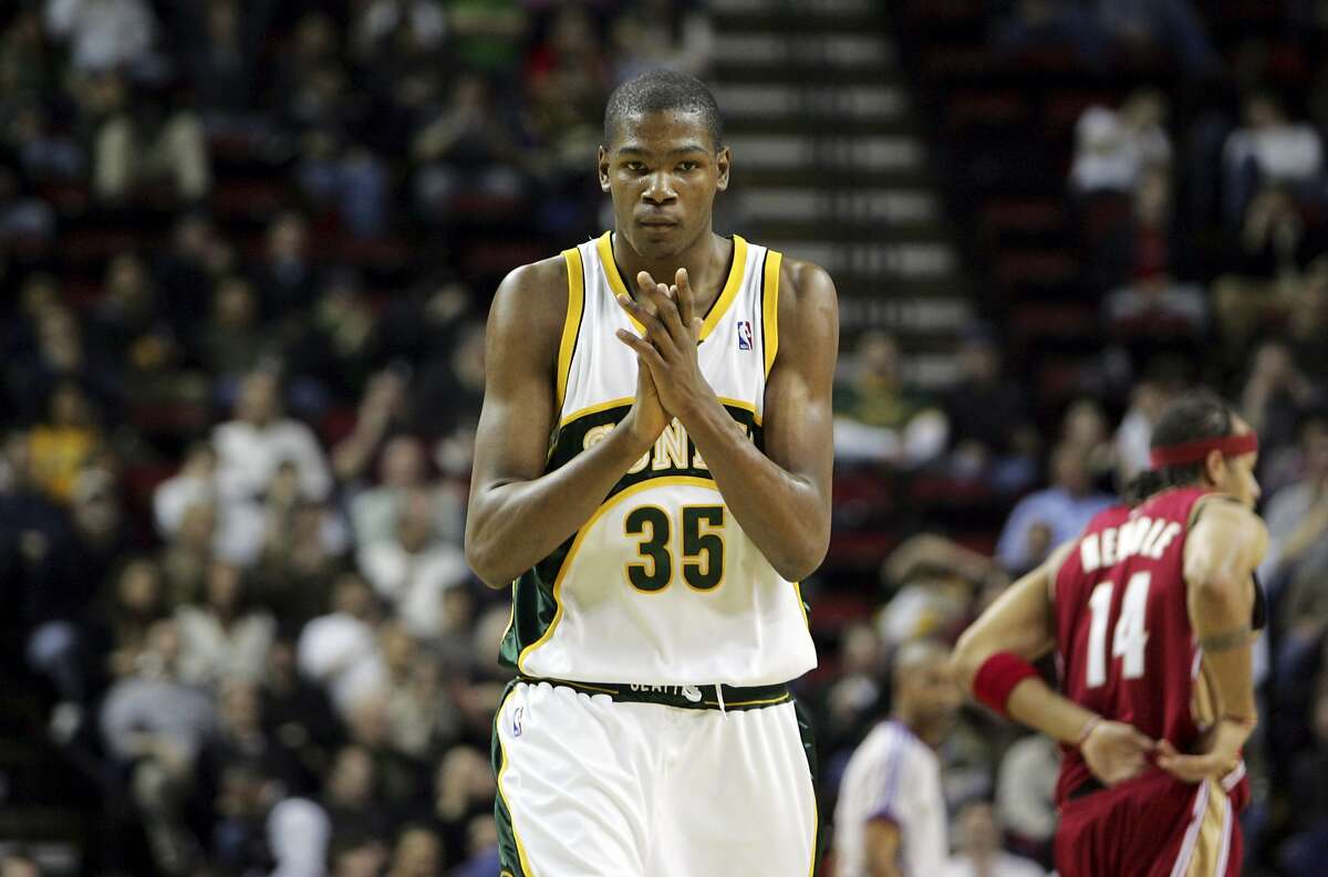 Seattle SuperSonics' Kevin Durant after making a shot at the buzzer in the first quarter against Cleveland Cavaliers' in NBA action in Seattle on Thursday, Jan. 31, 2008. (AP Photo/Kevin P. Casey)