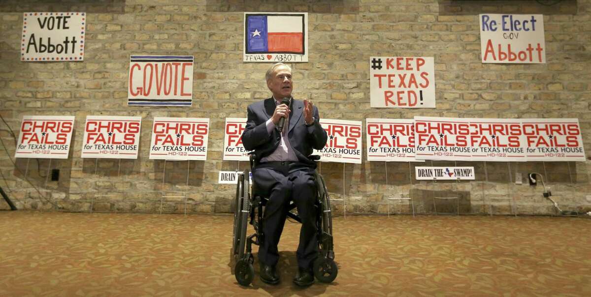 Texas Gov. Greg Abbott campaigns Wednesday, Feb. 21, 2018 at Alamo Cafe in San Antonio for State House District 122 republican primary candidate Chris Fails.
