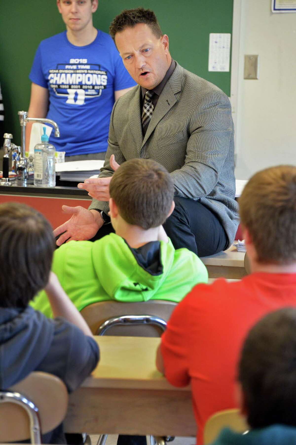 Columbia High School principal John Sawchuk introduces Columbia seniors to speak to middle school students about their experiences at Goff Middle School Friday April 24, 2015 in East Greenbush, NY. (John Carl D'Annibale / Times Union)