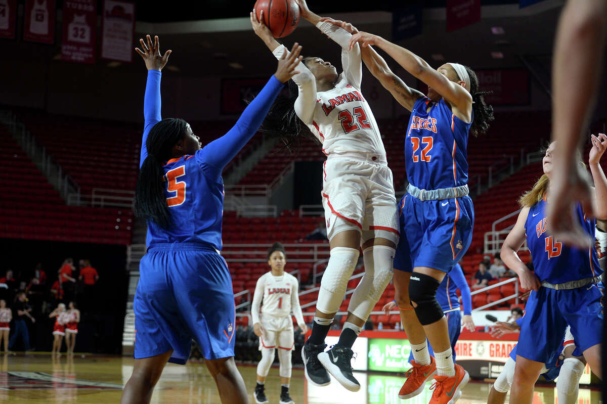 Lamar guard DeAÃ©?•ngela Mathis shoots during their final home game of the year against Houston Baptist. The team has been undefeated at home the past two years. Photo taken Wednesday 2/21/18 Ryan Pelham/The Enterprise