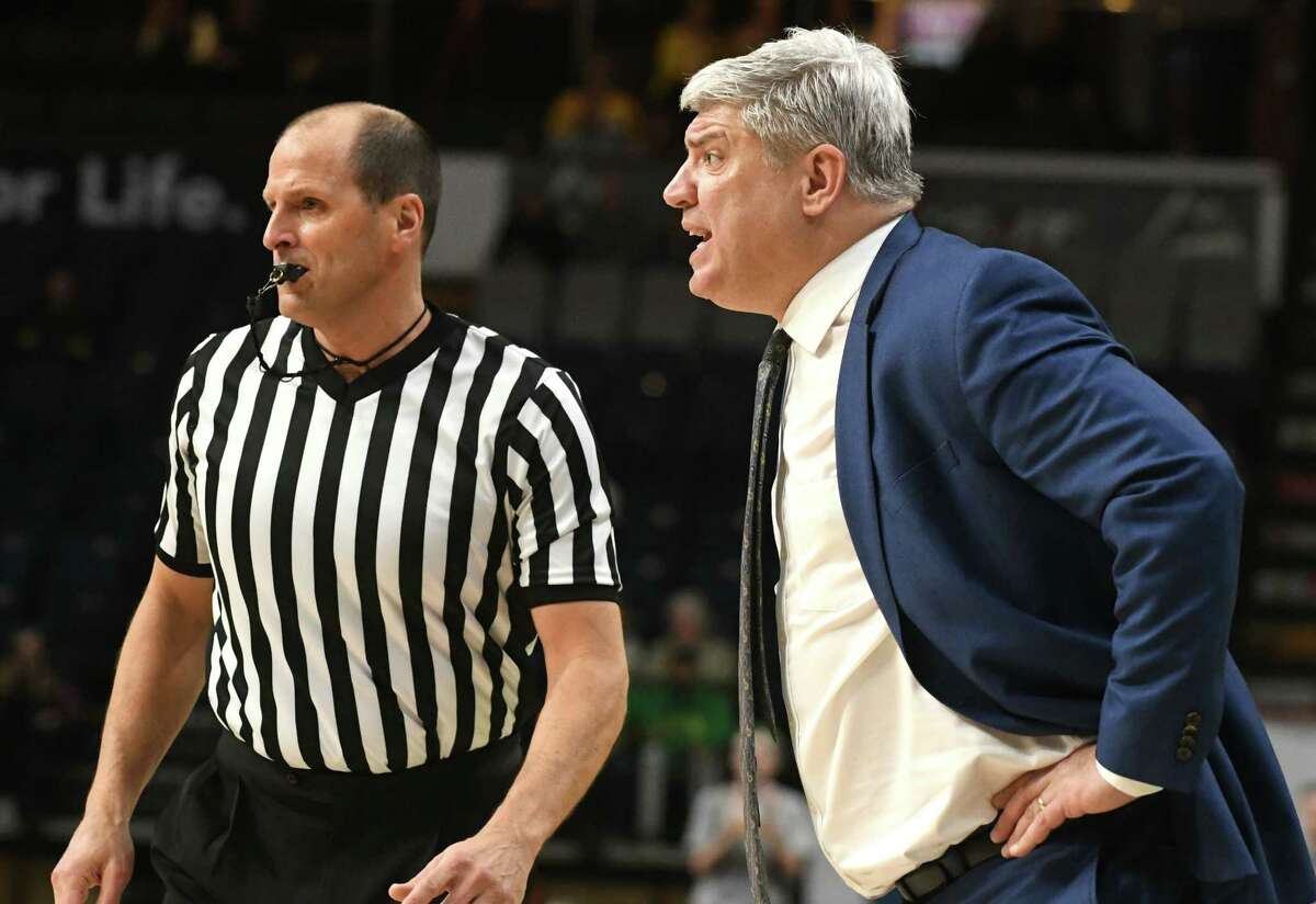 Siena head coach Jimmy Patsos yells from the sideline during a basketball game against Fairfield at Times Union Center on Wednesday, Feb. 21, 2018 in Albany, N.Y. (Lori Van Buren/Times Union)