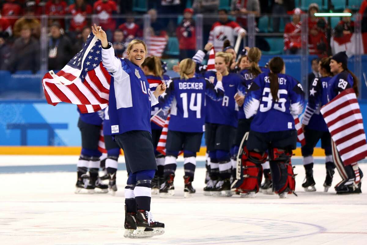 GANGNEUNG, SOUTH KOREA - FEBRUARY 22: Gigi Marvin #19 of the United States celebrates after defeating Canada in a shootout to win the Women's Gold Medal Game on day thirteen of the PyeongChang 2018 Winter Olympic Games at Gangneung Hockey Centre on February 22, 2018 in Gangneung, South Korea. (Photo by Jamie Squire/Getty Images)