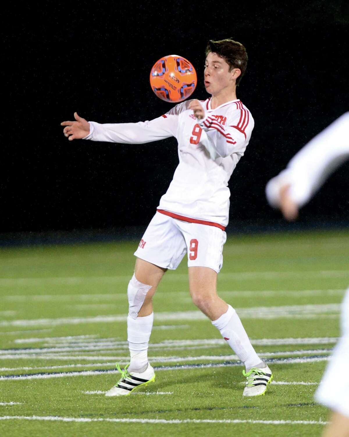 Alessandro Rivero (9) of St. Thomas traps a ball during the first half of the TAPPS Division I State Semi-Final soccer game between the St. Thomas Eagles and the St. Pius X Panthers on Wednesday, February 21, 2018 at Emery/Weiner School, Houston, TX.