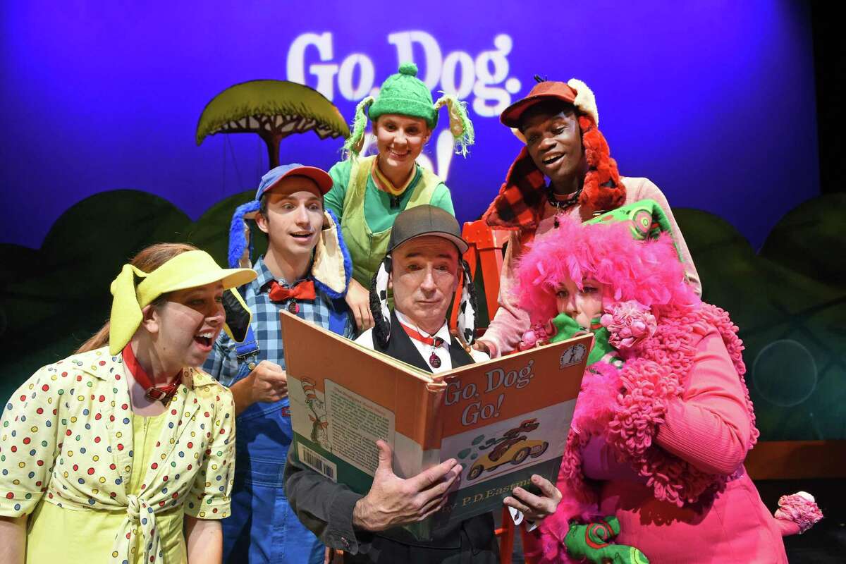 Childsplay’s musical for preschoolers, “Go, Dog. Go!,” comes to the Quick Center for the Arts at Fairfield University on Feb. 25. Brynn Lewallen, Green Dog, is at the top of the pyramid.