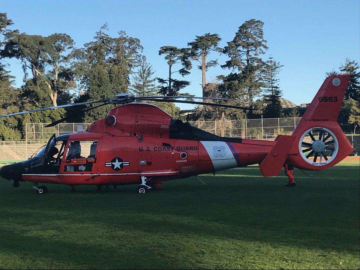 A maintenance light went on in this U.S. Coast Guard helicopter, leading pilots to conduct an emergency landing in Golden Gate Park on Thursday morning.