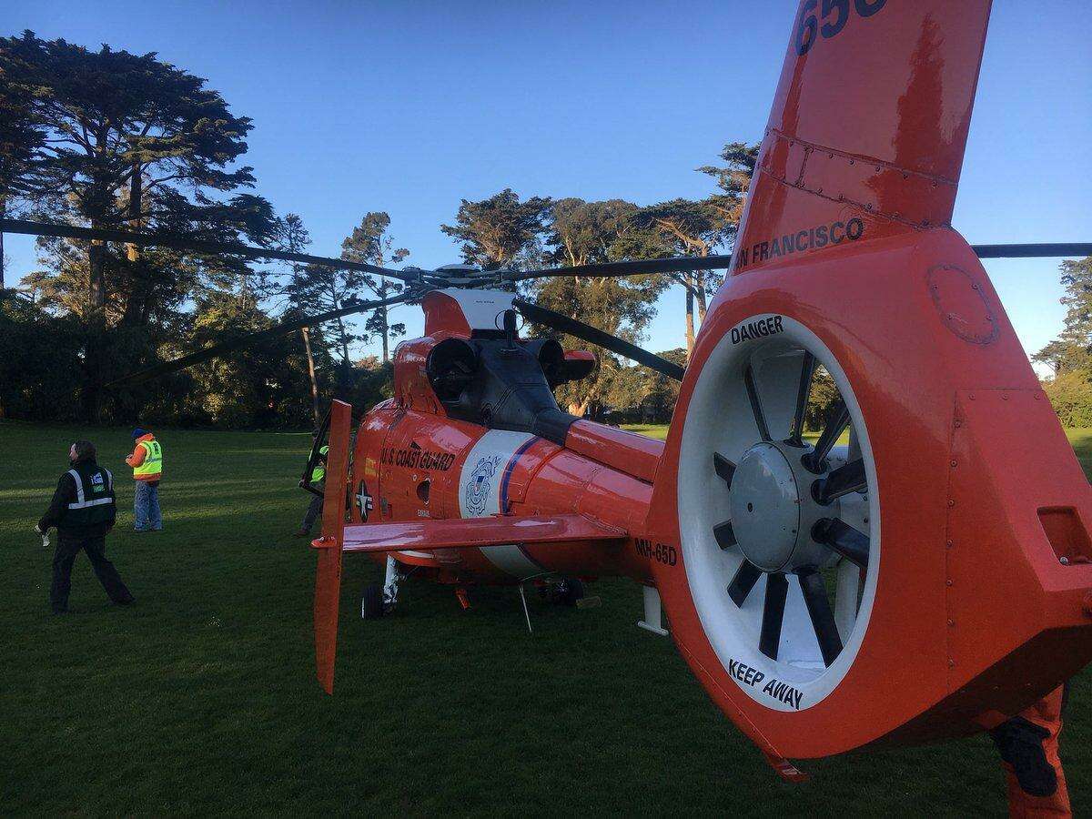 A maintenance light went on in this U.S. Coast Guard helicopter, leading pilots to conduct an emergency landing in Golden Gate Park on Thursday morning.