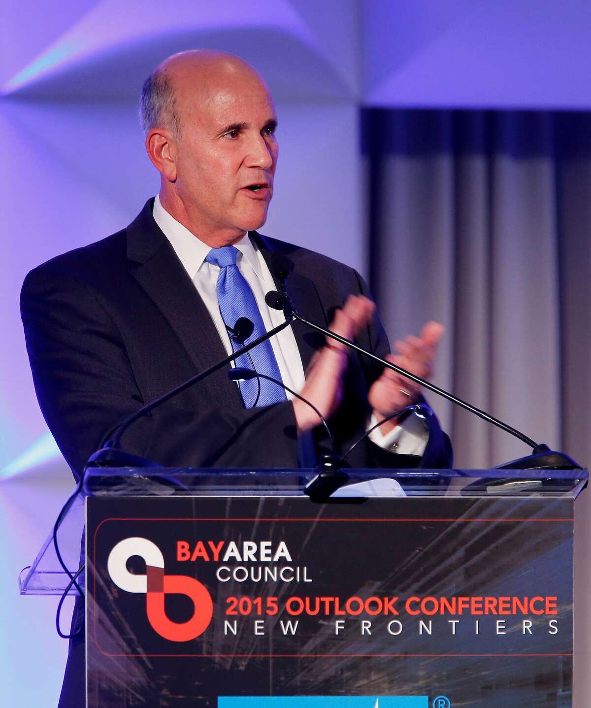 Bay Area Council CEO Jim Wunderman applauded many of the companies that support the council Thursday May 21, 2015. California Governor Jerry Brown was the first speaker at the Bay Area Council meeting discussing regional and statewide economic issues at the Ritz-Carlton hotel in San Francisco, Calif.