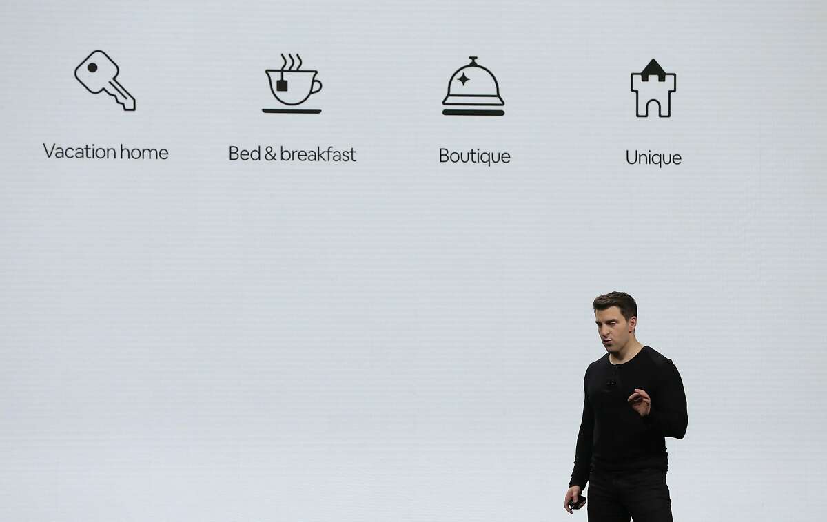 Airbnb co-founder and CEO Brian Chesky speaks about four new property types during the keynote at the Masonic 'theater in San Francisco, Calif., on Thursday, February 22, 2018. They new catergory types are vacation home, unique, B&B, and Boutiques.