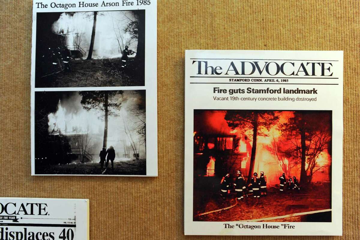 The Stamford Historical Society has preserved old photographs from the Stamford Advocate in 1985 showing the fire that destroyed the octagon house on Strawberry Hill Avenue. Below, old Advocate news clippings after the fire.