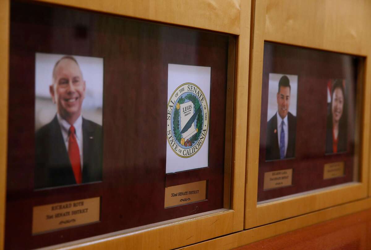A photograph Tony Mendoza has been removed after the state senator from Southern California tendered his resignation at the State Capitol in Sacramento, Calif. on Thursday, Feb. 22, 2018 following allegations of sexual misconduct.