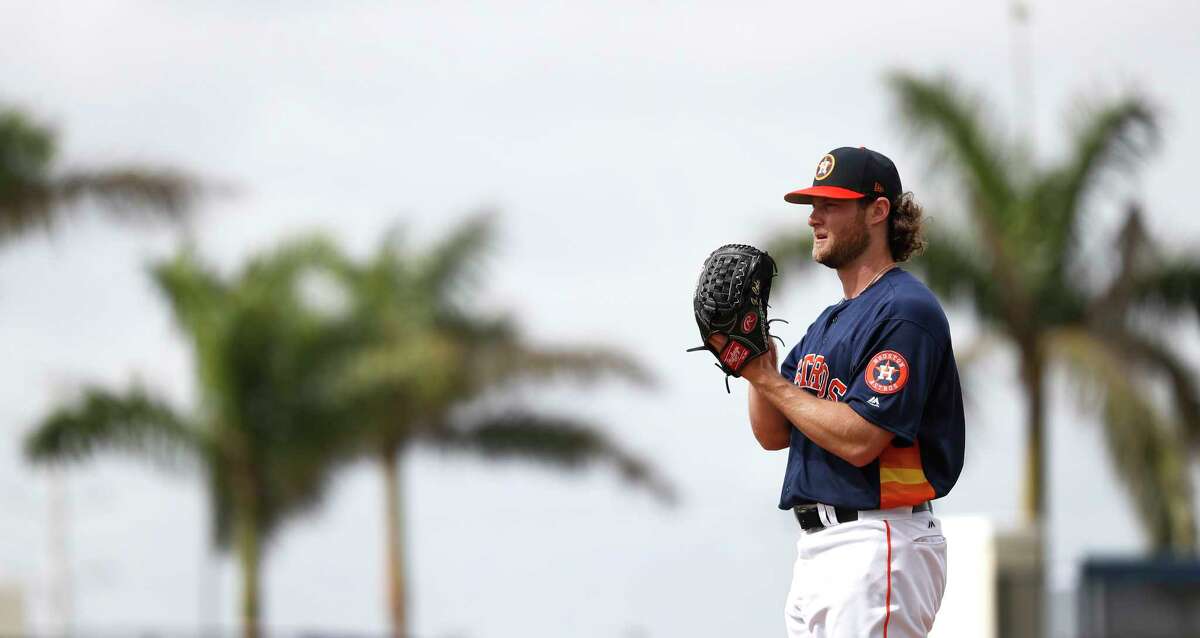 Houston Astros RHP pitcher Gerrit Cole (45) throws live batting practice during spring training at The Ballpark of the Palm Beaches, Tuesday, Feb. 20, 2018, in West Palm Beach. ( Karen Warren / Houston Chronicle )