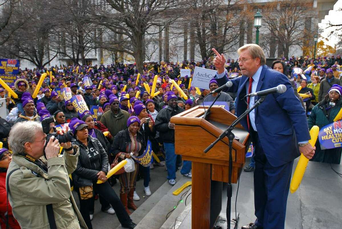 Ken Raske, President of The Greater New York Hospital Association, speaks to health care workers during a protest against more possible budget cuts by Governor Paterson, in West Capitol Park in Albany, NY Thursday November 12, 2009. ( Philip Kamrass / Times Union)