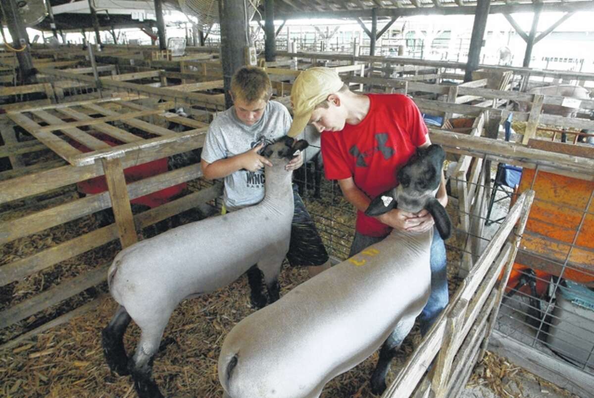 Scott County 4-Hers Bryce Clayton, 11, (left) and Brayden Freeman, 14, practice showing market lambs Tuesday at the Scott County 4-H and Junior Fair. Bryce is the son of Matt and Anne Clayton of rural Winchester, and Brayden is the son of Nic and Jessica Freeman of rural Winchester. The fair ends with a 4-H livestock sale at 1 p.m. Thursday.