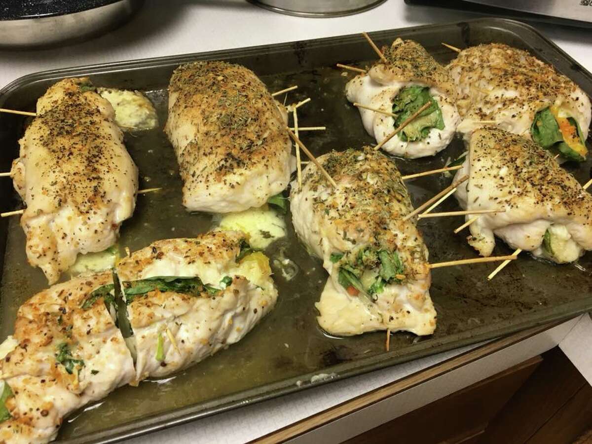 Rolled chicken breasts fresh from the oven.