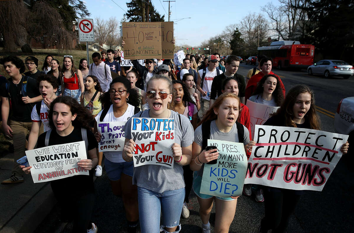 SILVER SPRING, MARYLAND - FEBRUARY 21: Students from Montgomery Blair High School march down Colesville Road in support of gun reform legislation February 21, 2018 in Silver Spring, Maryland. In the wake of last week's shooting in Parkland, Florida, where 17 people were killed, the students planned to take public transportation to the U.S. Capitol to hold a rally demanding legislation to curb gun violence in schools. (Photo by Win McNamee/Getty Images)