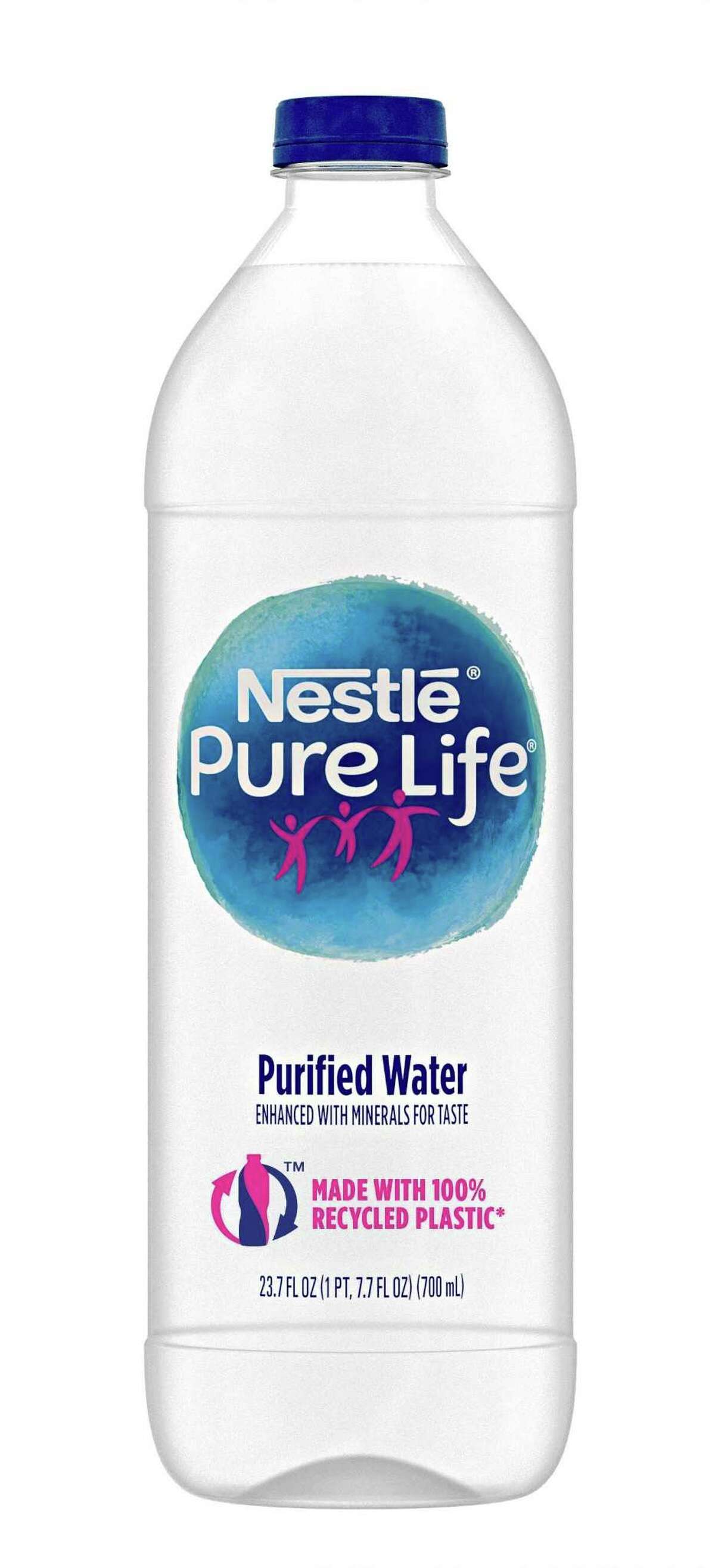 The 700-milliliter bottle of Nestle Waters North America’s Pure Life Purified Water is made with 100 percent recycled plastic.