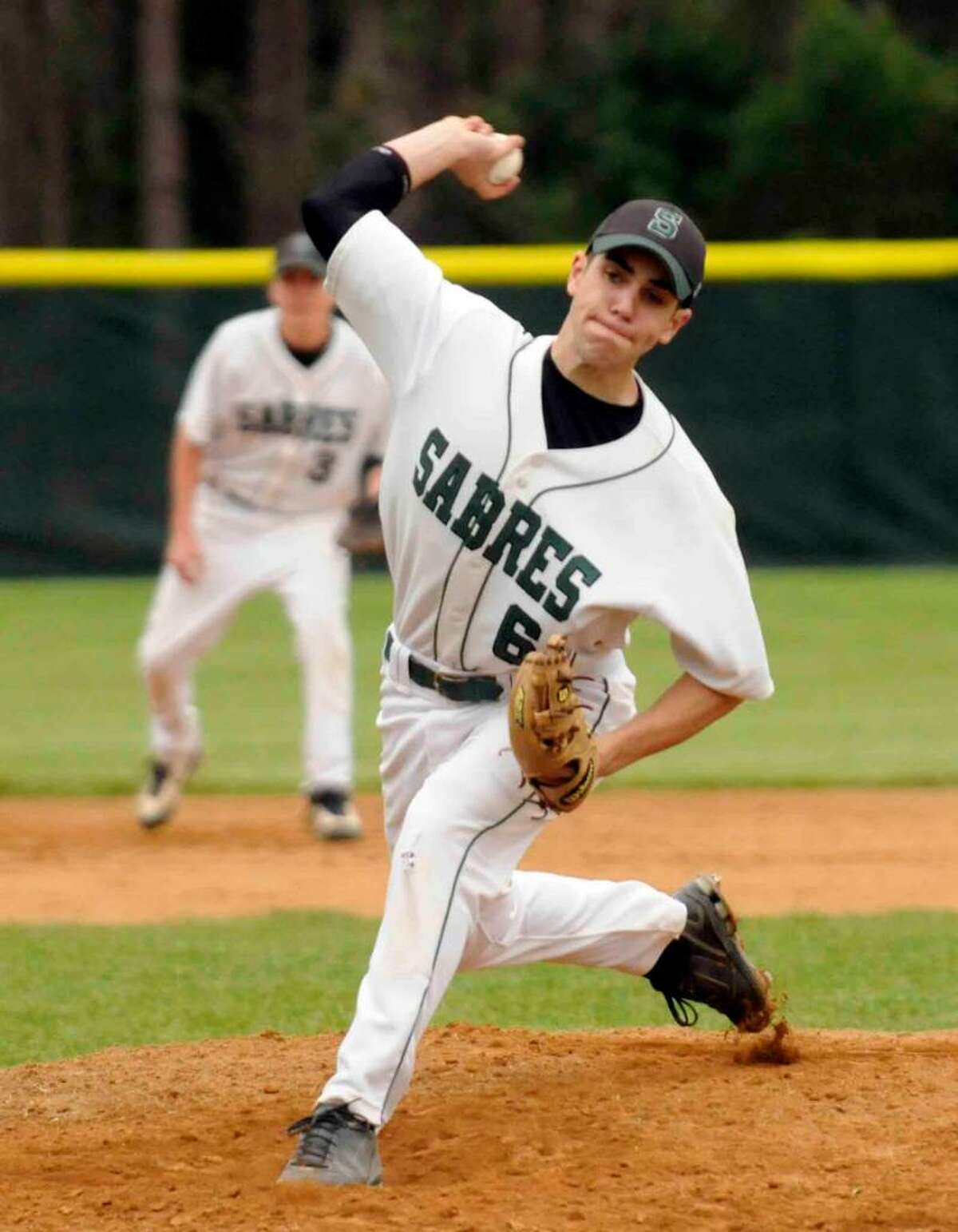 Schalmont's Joe Amorosi is 7-0 for the season with a 1.16 earned-run average after he pitched the Sabres to a 4-0 Colonial Council victory over Lansingburgh on Tuesday in Rotterdam. ( Michael P. Farrell / Times Union )