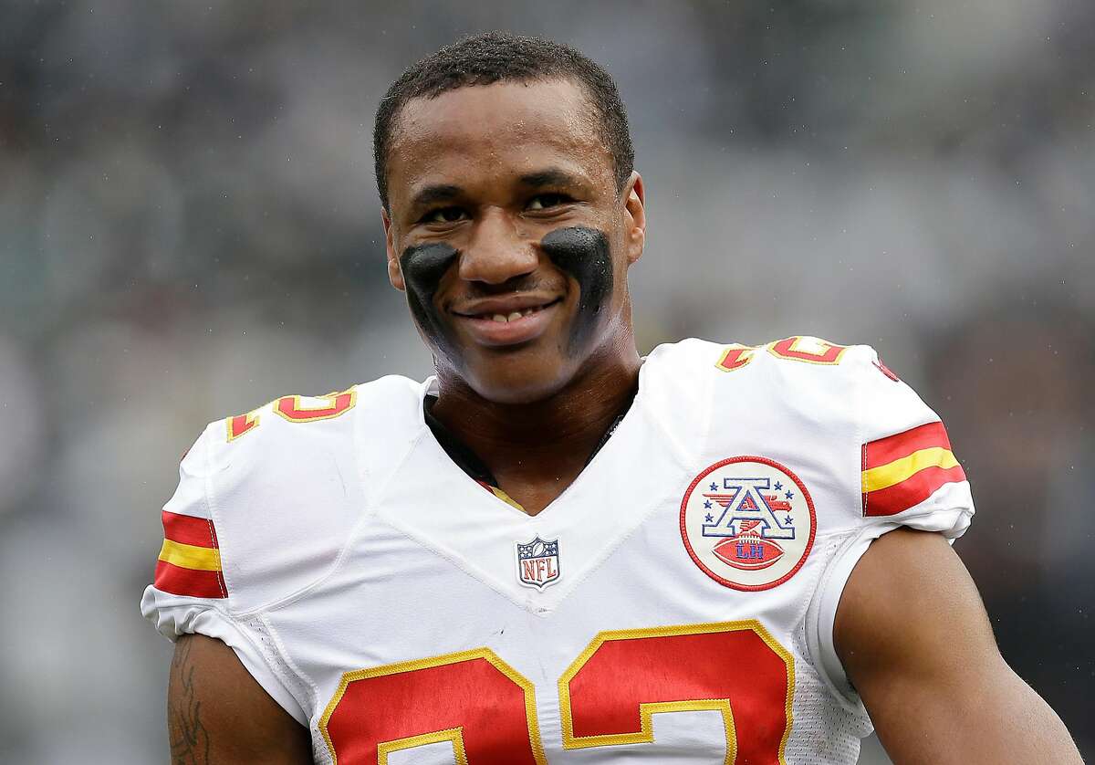 Kansas City Chiefs cornerback Marcus Peters (22) smiles before an NFL football game against the Oakland Raiders in Oakland, Calif., Sunday, Dec. 6, 2015. (AP Photo/Ben Margot)