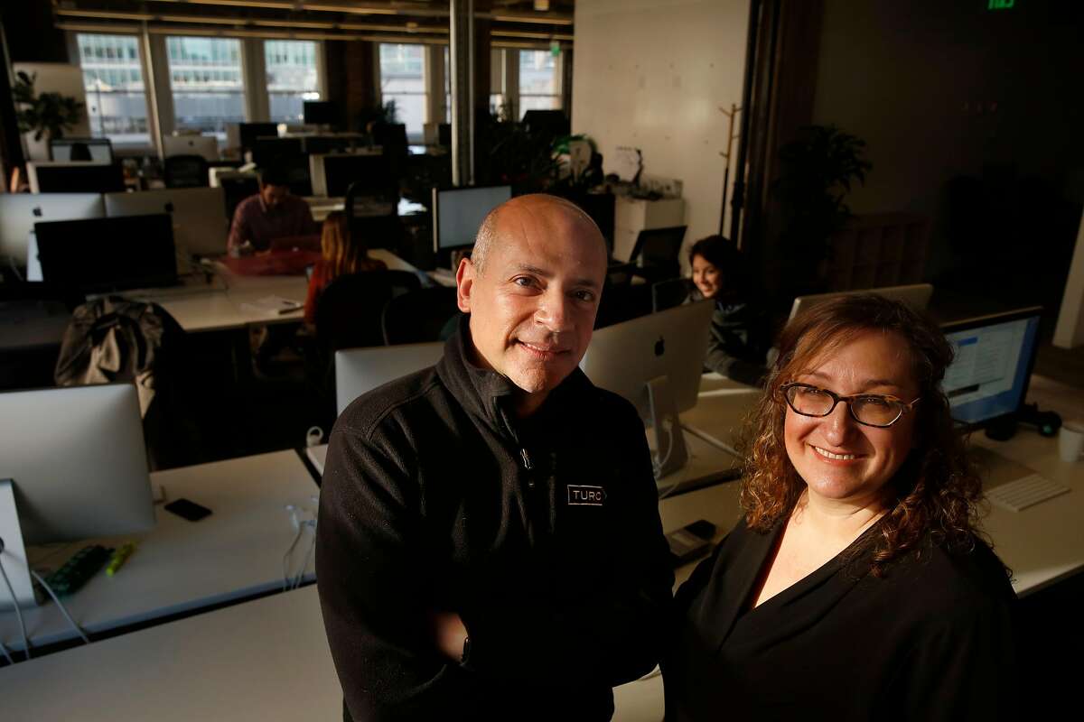 Turo CEO Andre Haddad (l to r) and chief legal officer Michelle Fang stand for a portrait at the Turo headquarters in San Francisco, Calif., on Friday, February 23, 2018.
