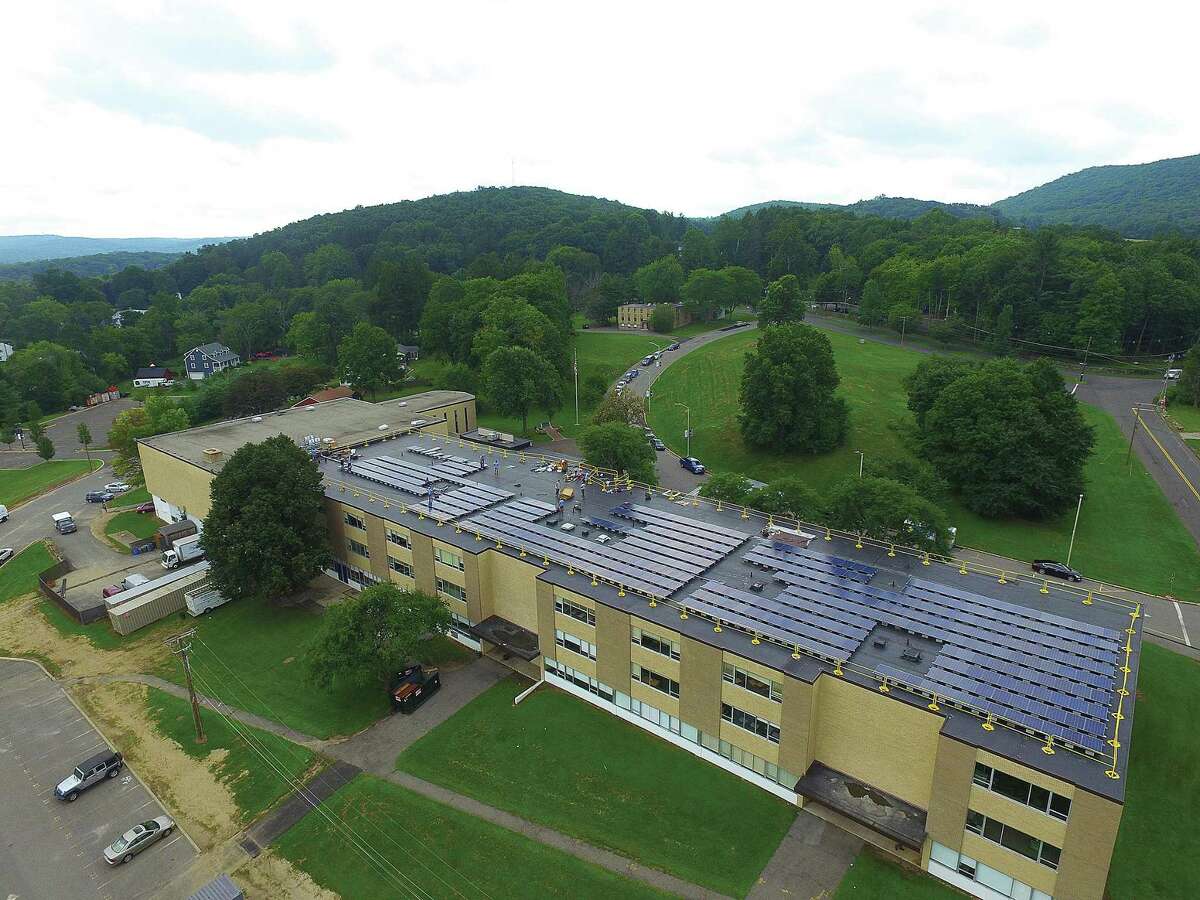 An aerial photo of the Immaculate High School roof with new solar array in Danbury, Conn.