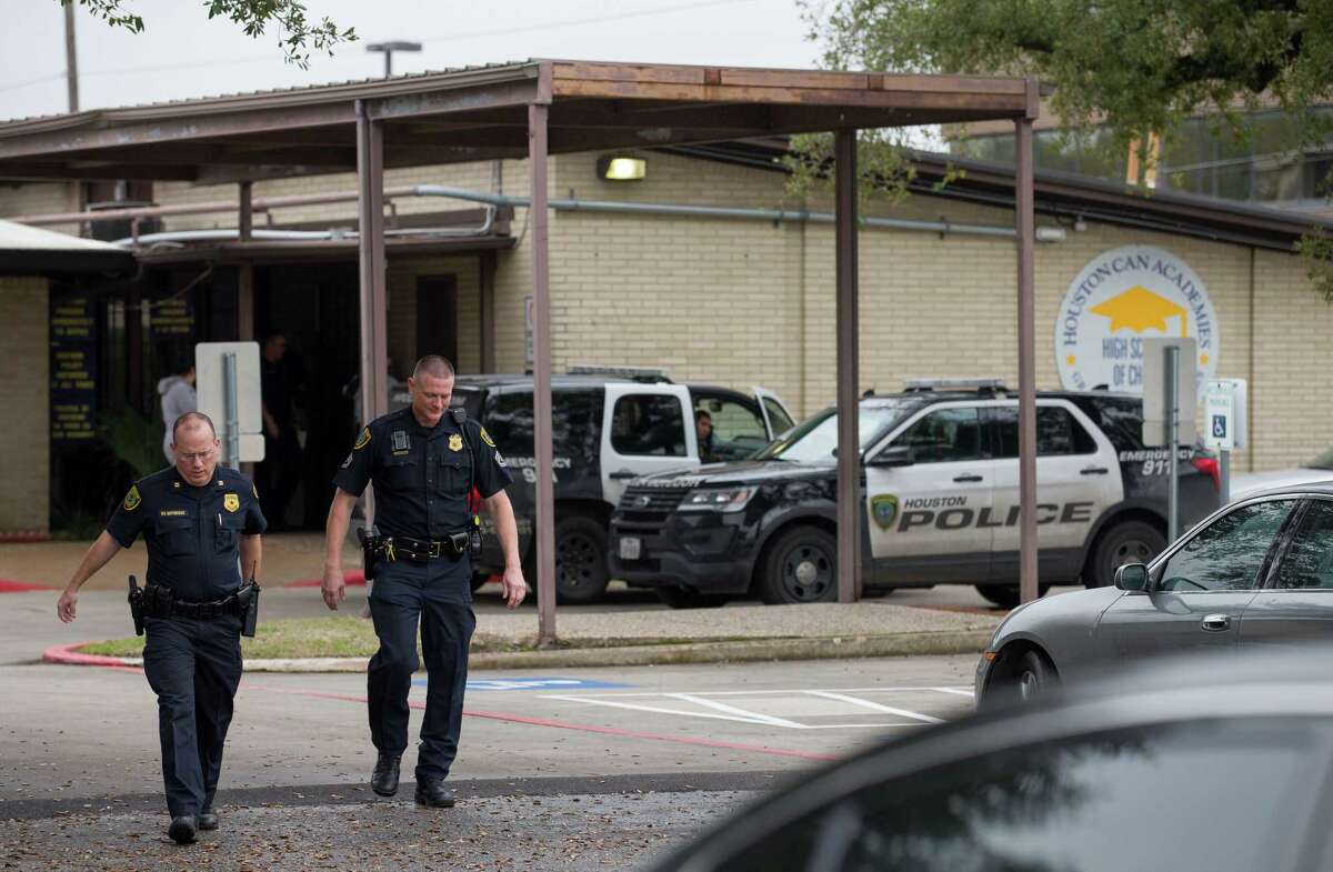 Houston Police officers responded to reports of gun being brought in to Houston Can Academy Hobby by a student Thursday, Feb. 15, 2018, in Houston. The school was placed in lockdown. ( Godofredo A. Vasquez / Houston Chronicle )