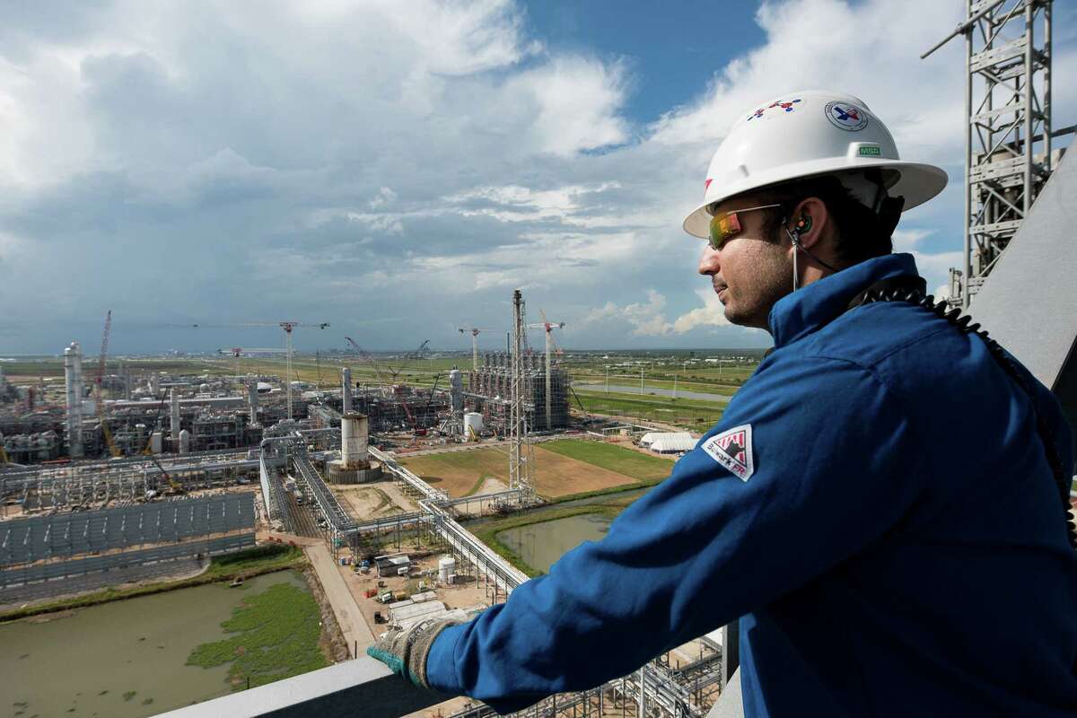 Dow Chemical employee Raza Rizvi watches construction of Dow Chemical's massive new ethane cracker in Freeport to churn out more ethylene, which is the primary building block of most plastics.