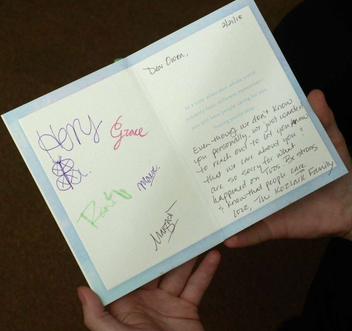 A card of sympathy was sent to Heather Florian and her son Owen, 17, in their home. Florian says her son is being bullied and called a school shooter after the shelter alert Tuesday at Norwalk High School, where he was briefly questioned by police regarding the incident.