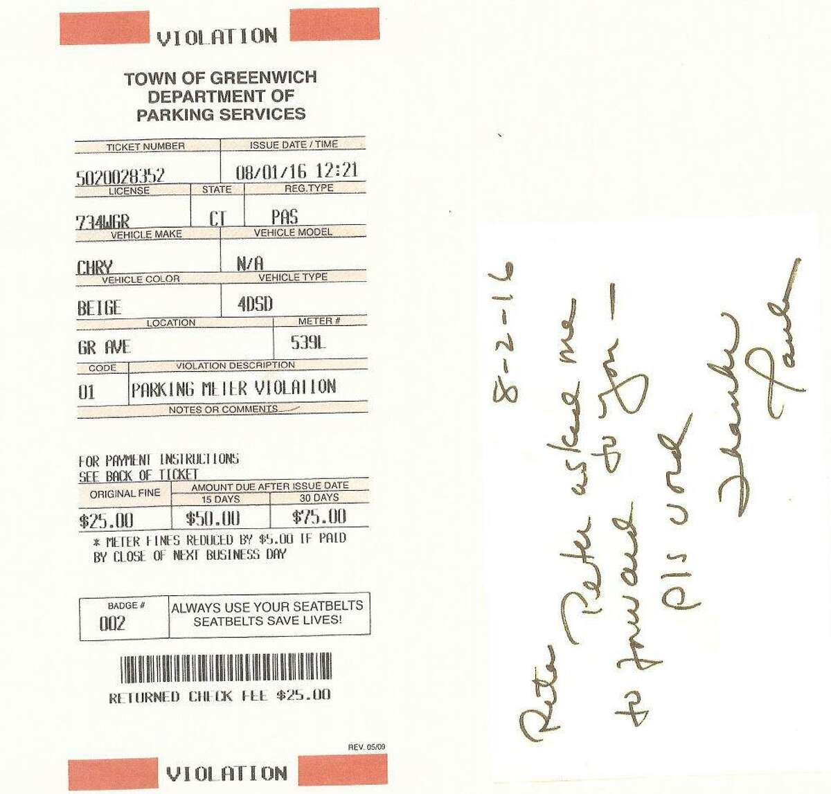 A parking ticket, with a note to void written the next day, was sent by the first selectman's executive assistant to the the parking services director in August 2016. According to First Selectman Peter Tesei, his assistant, Paula Belmont, had the authority to void tickets.