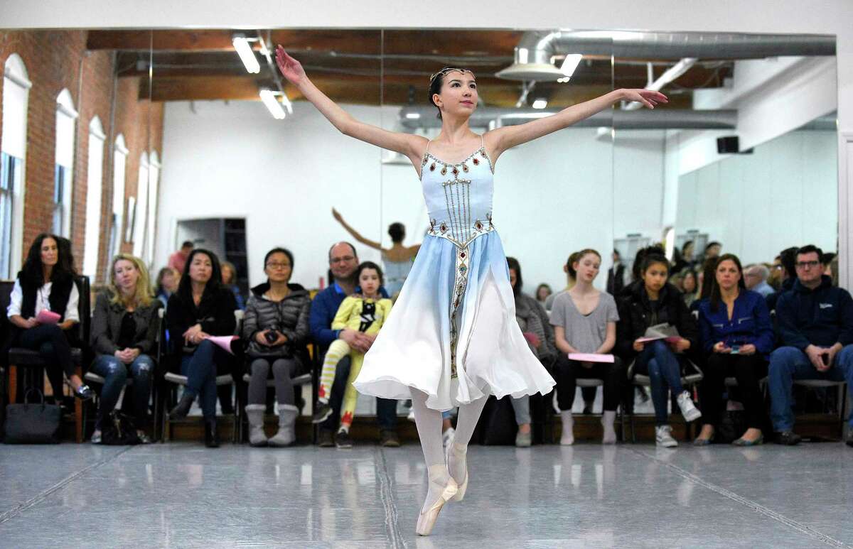 Victoria Rivera performs a solo routine during a mini-showcase of the Greenwich Ballet Academy dancers on Saturday, Feb. 24, 2018 in Port Chester, New York. The dancers are preparing for the upcoming semi-finals for the YAGP competition, an international ballet competition held in Boston and New York.