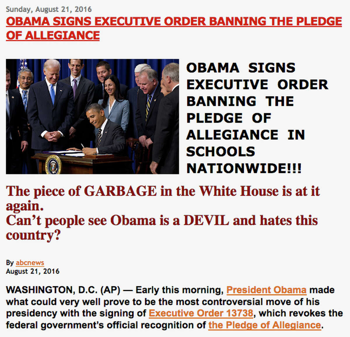 The Nesara News website contextually misrepresents The New York Times' photograph by Stephen Crowley who recorded President Barack Obama?s signing of an ethics bill, the Stop Trading on Congressional Knowledge Act, on April 4, 2012. The hateful remarks disparage Obama in this false narrative. (Screen shot by Thomas Palmer/Times Union) The article page can be viewed here: http://nesaranews.blogspot.com/2016/08/obama-signs-executive-order-banning.html