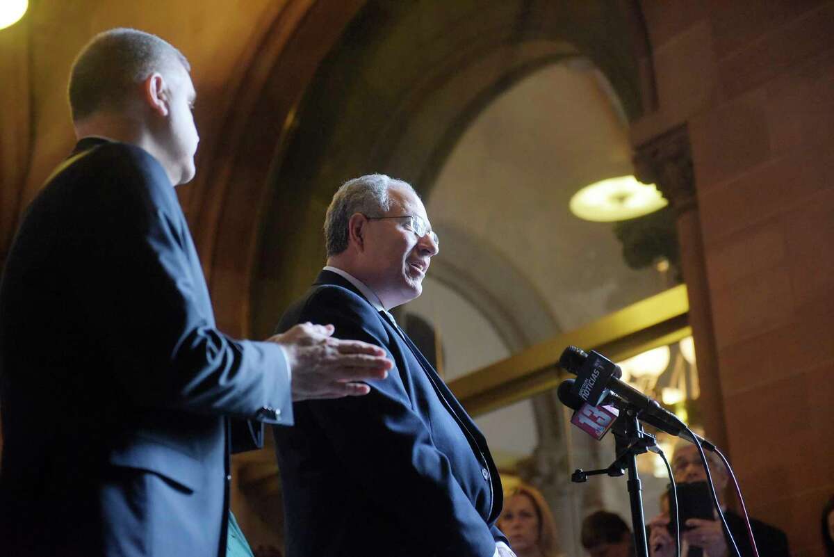 Andy Pallotta, president of New York State United Teachers, talks about the Janus Supreme Court case over union dues, during a press conference at the Capitol on Monday, Feb. 26, 2018, in Albany, N.Y. (Paul Buckowski/Times Union)