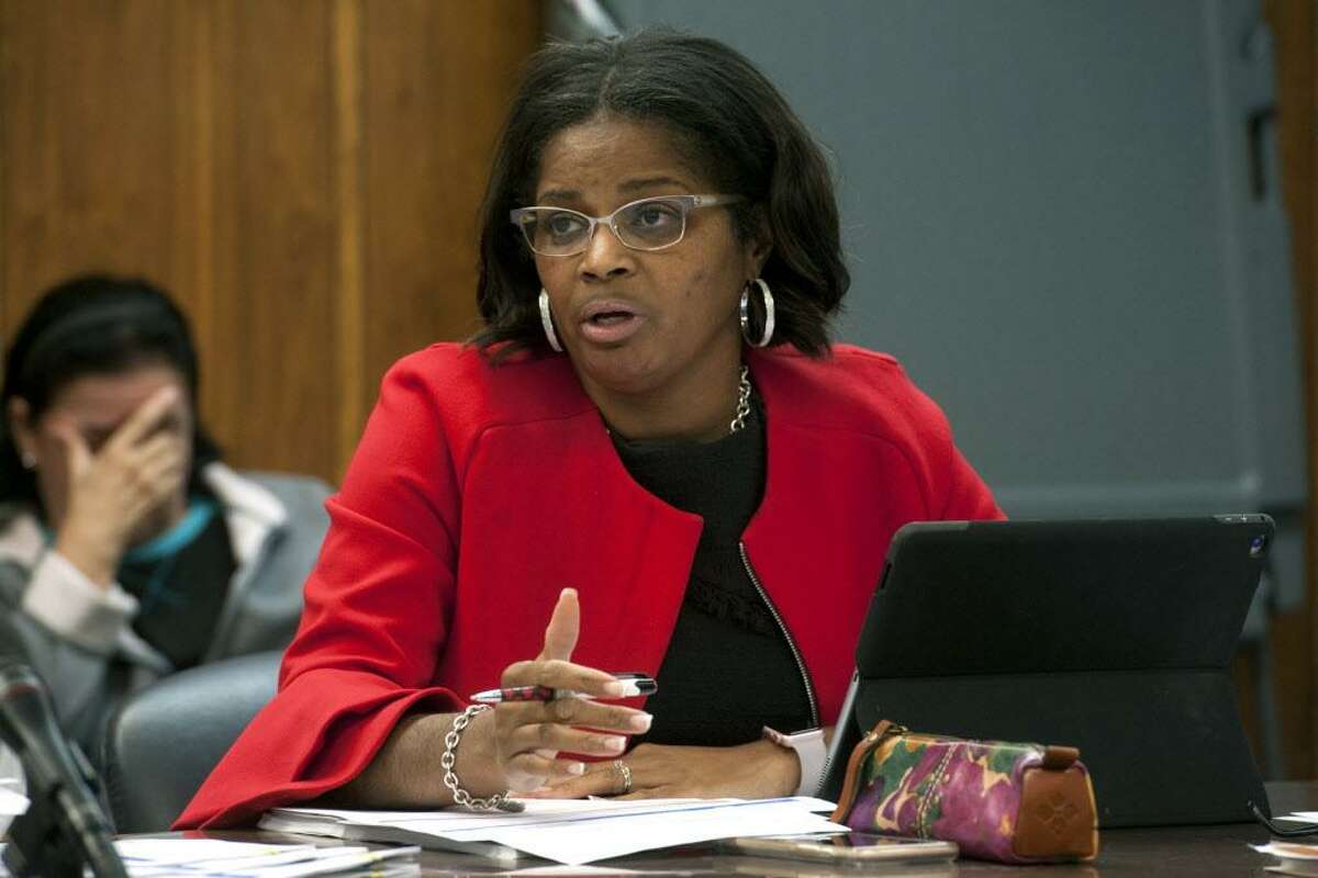 Superintendent of School Aresta Johnson speaks at a Finance Committee meeting for Bridgeport Public Schools in Bridgeport Conn. Nov. 2, 2017. The meeting was held to address a budget shortfall left by the recently passed state budget.
