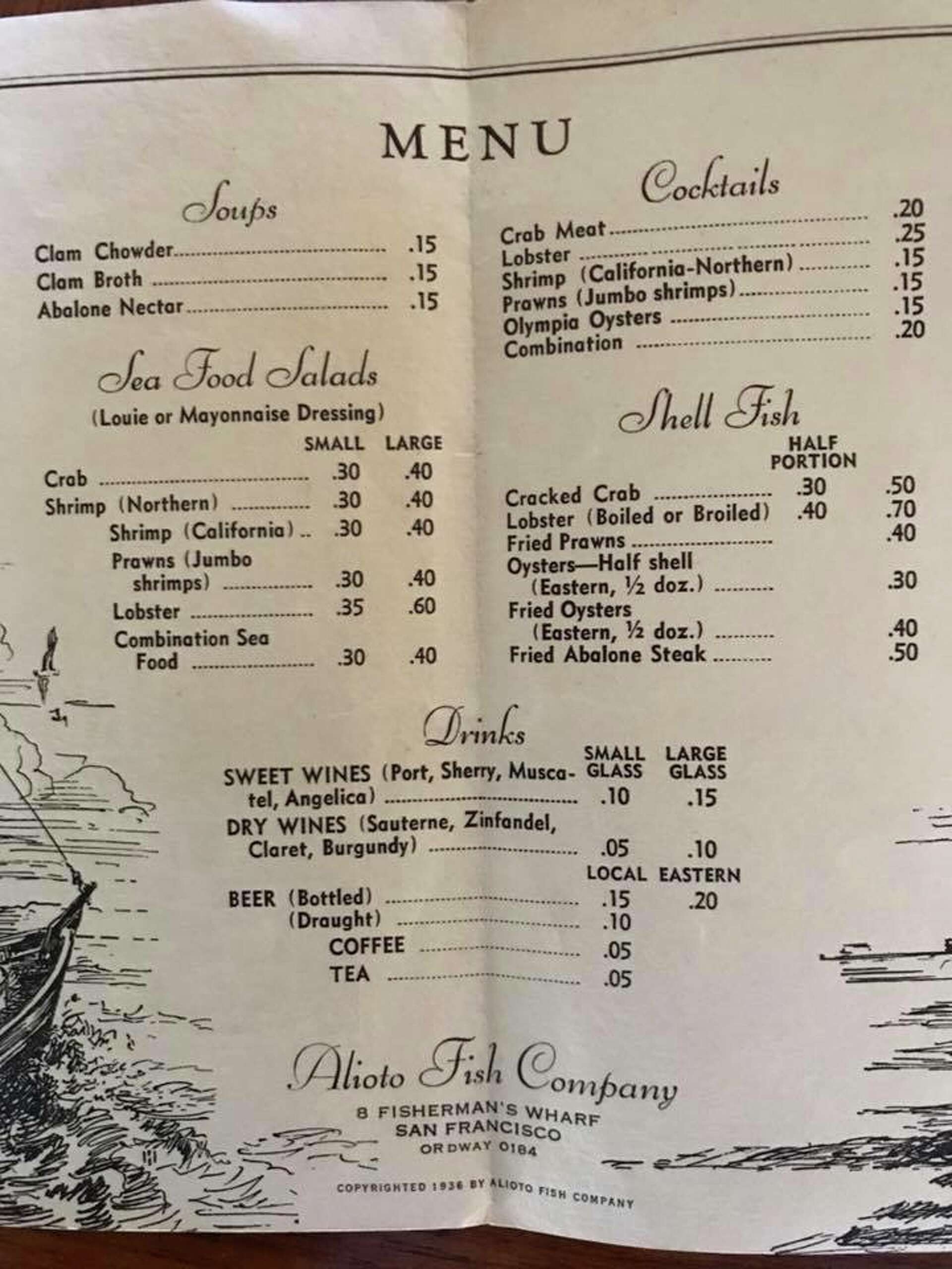 1930年 豪華客船 S.S. Columbus 昼食メニュー表 2枚セット 1936 menu from SF seafood restaurant with 15-cent clam chowder