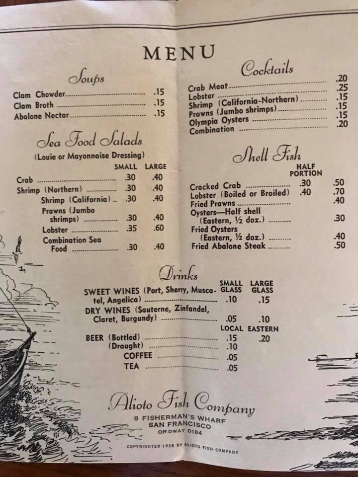 1936 menu from SF seafood restaurant with 15-cent clam chowder