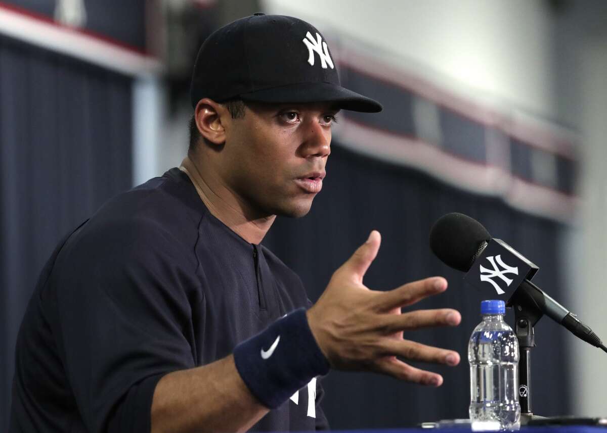 Russell Wilson looks like a star in Yankees pinstripes